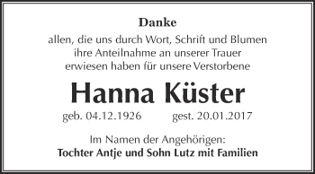 Traueranzeige von Hanna Küster von WVG - Wochenspiegel Bitterfeld