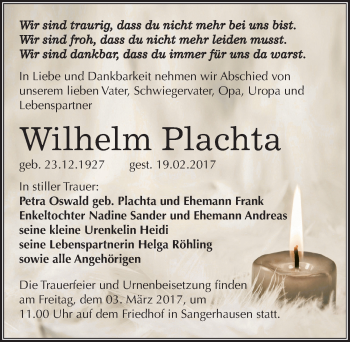 Traueranzeige von Wilhelm Plachta von Mitteldeutsche Zeitung Sangerhausen
