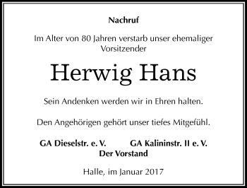 Traueranzeige von Herwig Hans von Mitteldeutsche Zeitung Halle/Saalkreis