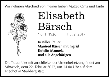 Traueranzeige von Elisabeth Bärsch von Mitteldeutsche Zeitung Quedlinburg