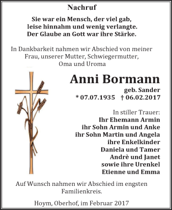 Traueranzeige von Anni Bormann von Super Sonntag SGH Mansf. Land