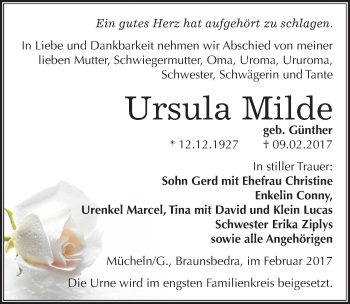 Traueranzeige von Ursula Milde von Mitteldeutsche Zeitung Merseburg/Querfurt