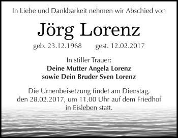 Traueranzeige von Jörg Lorenz von Super Sonntag SGH Mansf. Land