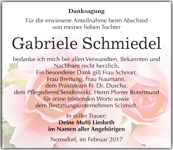 Traueranzeige von Gabriele Schmiedel von Mitteldeutsche Zeitung Merseburg/Querfurt