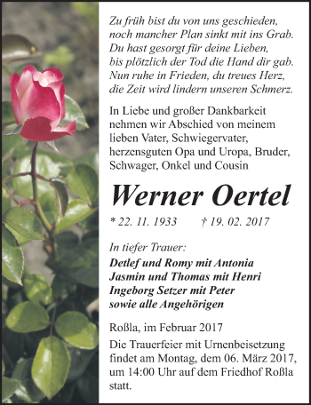 Traueranzeige von Werner Oertel von Mitteldeutsche Zeitung Sangerhausen