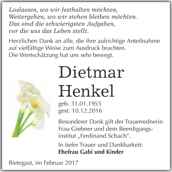 Traueranzeige von Dietmar Henkel von Super Sonntag Wittenberg