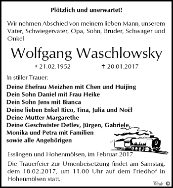 Traueranzeige von Wolfgang Waschlowsky von Mitteldeutsche Zeitung Weißenfels