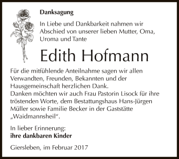 Traueranzeige von Edith Hofmann von Super Sonntag SGH Mansf. Land
