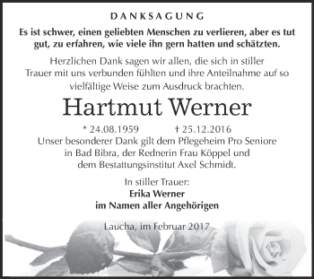 Traueranzeige von Hartmut Werner von WVG - Wochenspiegel NMB / WSF / ZTZ