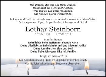 Traueranzeige von Lothar Steinborn von WVG - Wochenspiegel Dessau / Köthen