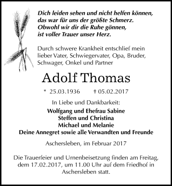 Traueranzeige von Adolf Thomas von Mitteldeutsche Zeitung Aschersleben