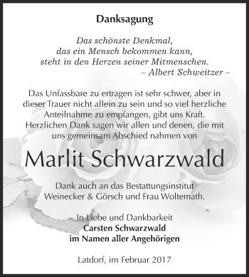 Traueranzeige von Marlit Schwarzwald von Super Sonntag Bernburg