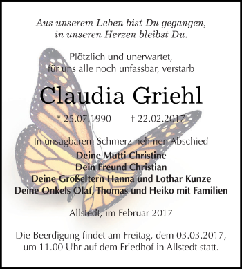 Traueranzeige von Claudia Griehl von Super Sonntag SGH Mansf. Land