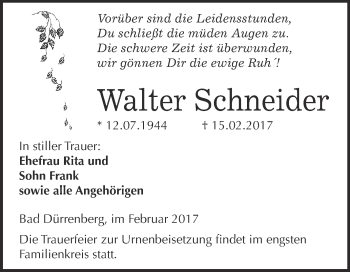 Traueranzeige von Walter Schneider von Super Sonntag Halle