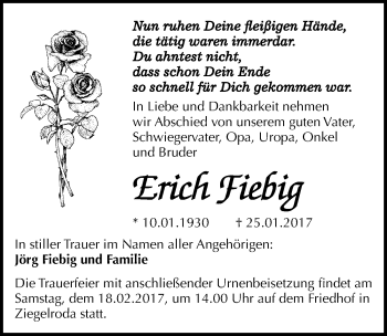 Traueranzeige von Erich Fiebig von Mitteldeutsche Zeitung