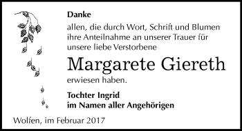 Traueranzeige von Margarete Giereth von Mitteldeutsche Zeitung Bitterfeld