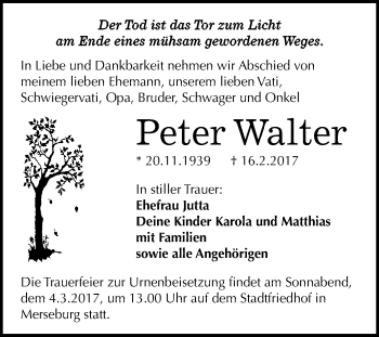 Traueranzeige von Peter Walter von Super Sonntag Halle