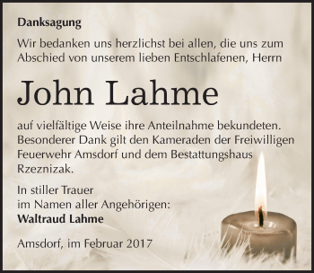 Traueranzeige von John Lahme von Mitteldeutsche Zeitung Mansfelder Land