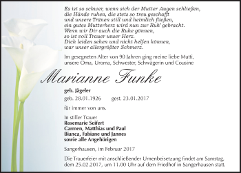 Traueranzeige von Marianne Funke von Mitteldeutsche Zeitung Sangerhausen