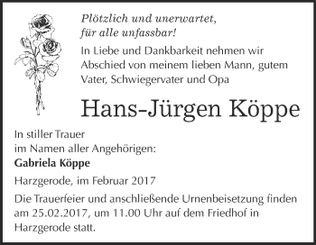 Traueranzeige von Hans-Jürgen Köppe von Super Sonntag Quedlinburg