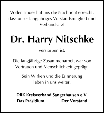 Traueranzeige von Harry Nitschke von Mitteldeutsche Zeitung Sangerhausen