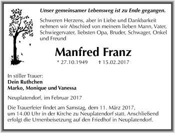Traueranzeige von Manfred Franz von Mitteldeutsche Zeitung Quedlinburg