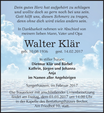 Traueranzeige von Walter Klär von Mitteldeutsche Zeitung Sangerhausen