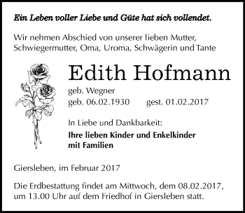 Traueranzeige von Edith Hofmann von Mitteldeutsche Zeitung Aschersleben