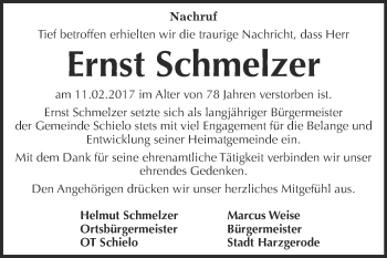 Traueranzeige von Ernst Schmelzer von Super Sonntag Quedlinburg