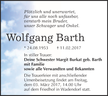 Traueranzeige von Wolfgang Barth von WVG - Wochenspiegel Bitterfeld