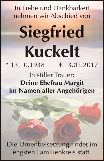 Traueranzeige von Siegfried Kuckelt von Mitteldeutsche Zeitung Merseburg/Querfurt
