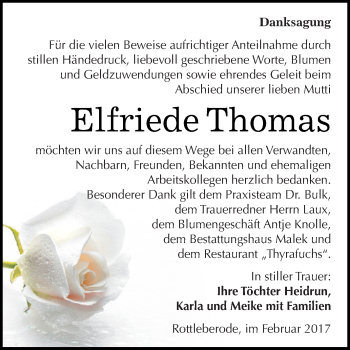 Traueranzeige von Elfriede Thomas von Super Sonntag SGH Mansf. Land
