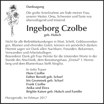 Traueranzeige von Ingeborg Czolbe von Super Sonntag Quedlinburg