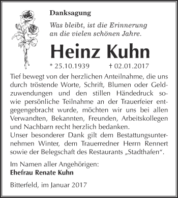 Traueranzeige von Heinz Kuhn von WVG - Wochenspiegel Bitterfeld