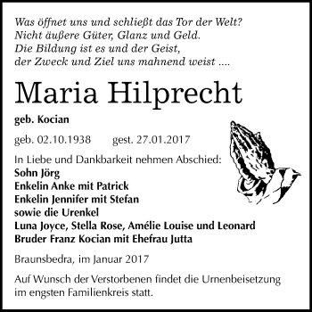 Traueranzeige von Maria Hilprecht von Super Sonntag Halle