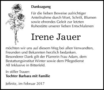 Traueranzeige von Irene Jauer von Mitteldeutsche Zeitung Bitterfeld