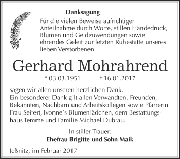 Traueranzeige von Gerhard Mohrahrend von WVG - Wochenspiegel Bitterfeld
