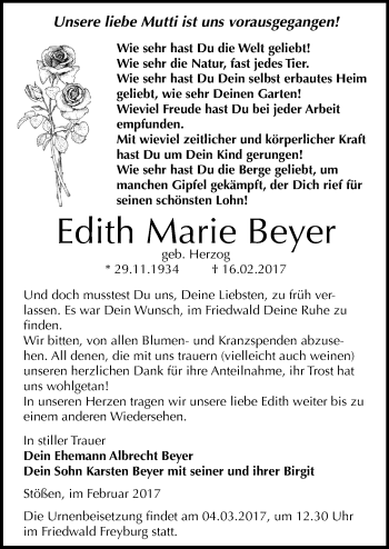 Traueranzeige von Edith Marie Beyer von Mitteldeutsche Zeitung Weißenfels