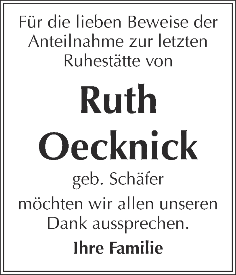  Traueranzeige für Ruth Oecknick vom 08.02.2017 aus WVG - Wochenspiegel Bitterfeld
