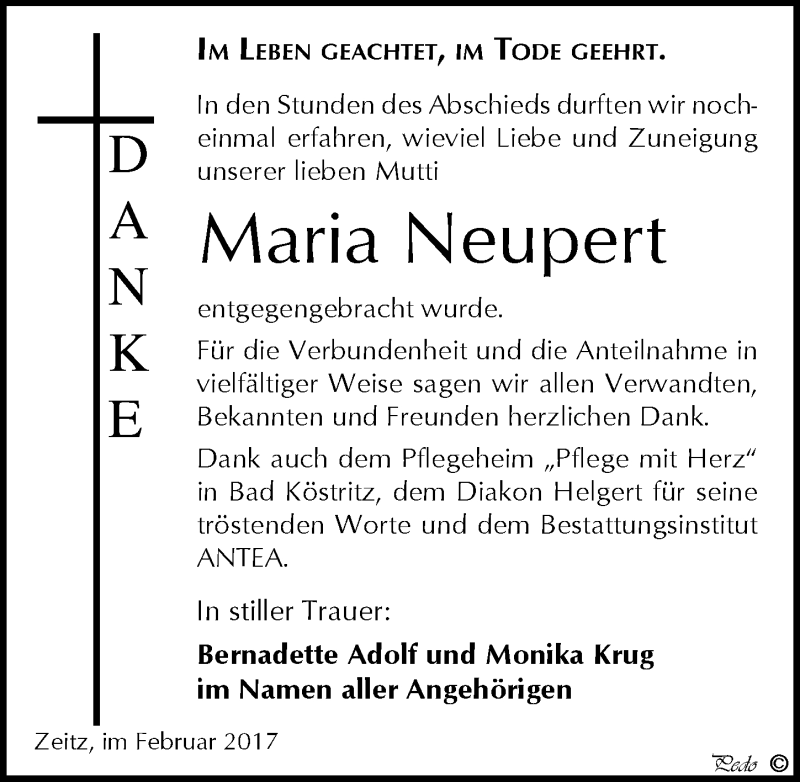  Traueranzeige für Maria Neupert vom 25.02.2017 aus Mitteldeutsche Zeitung Zeitz
