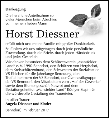 Traueranzeige von Horst Diessner von Mitteldeutsche Zeitung Mansfelder Land