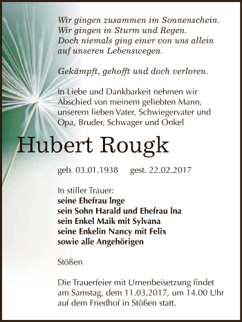 Traueranzeige von Hubert Rougk von WVG - Wochenspiegel NMB / WSF / ZTZ