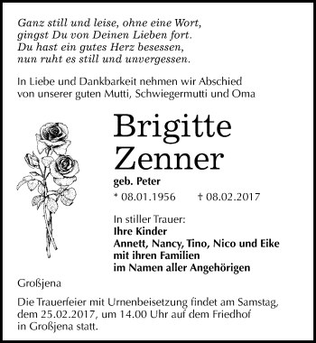 Traueranzeige von Brigitte Zenner von Mitteldeutsche Zeitung Naumburg/Nebra