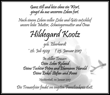 Traueranzeige von Hildegard Kootz von Mitteldeutsche Zeitung Aschersleben