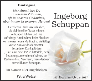 Traueranzeige von Ingeborg Schuppan von WVG - Wochenspiegel Bitterfeld
