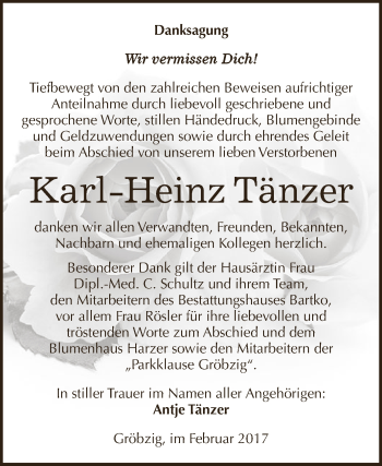 Traueranzeige von Karl-Heinz Tänzer von WVG - Wochenspiegel Dessau / Köthen
