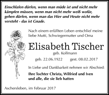 Traueranzeige von Elisabeth Tischer von Mitteldeutsche Zeitung Aschersleben
