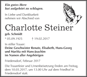 Traueranzeige von Charlotte Steiner von Super Sonntag Halle