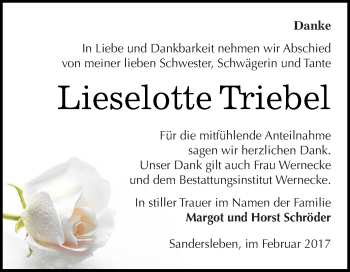 Traueranzeige von Lieselotte Triebel von Super Sonntag SGH Mansf. Land