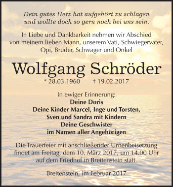 Traueranzeige von Wolfgang Schröder von Mitteldeutsche Zeitung Sangerhausen